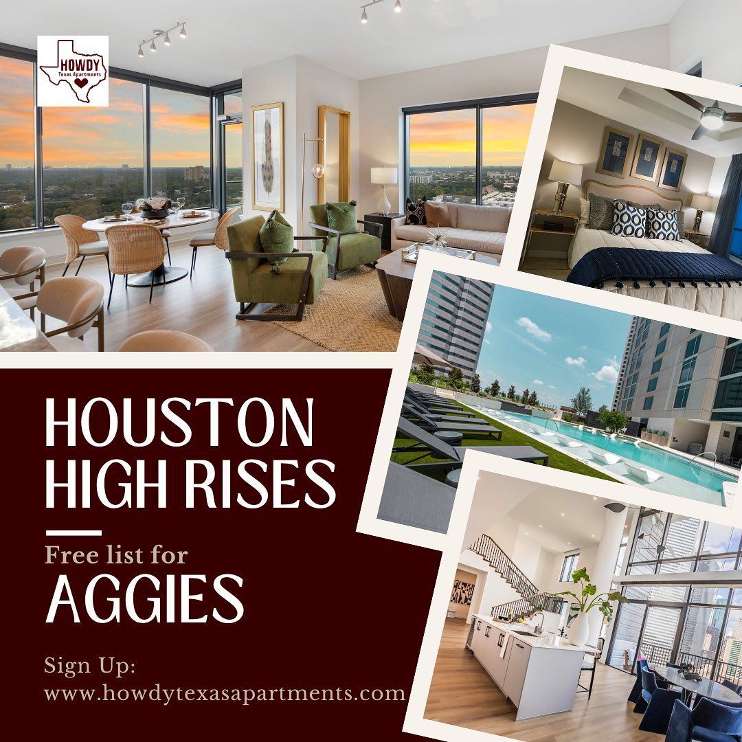 Houston high rise apartments that are AGGIE approved!! 🏙️ 

Live in one of these beautiful apartments if your job takes you to Houston!! 

Sign up for a FREE list of Houston apartments with the link in our bio!!